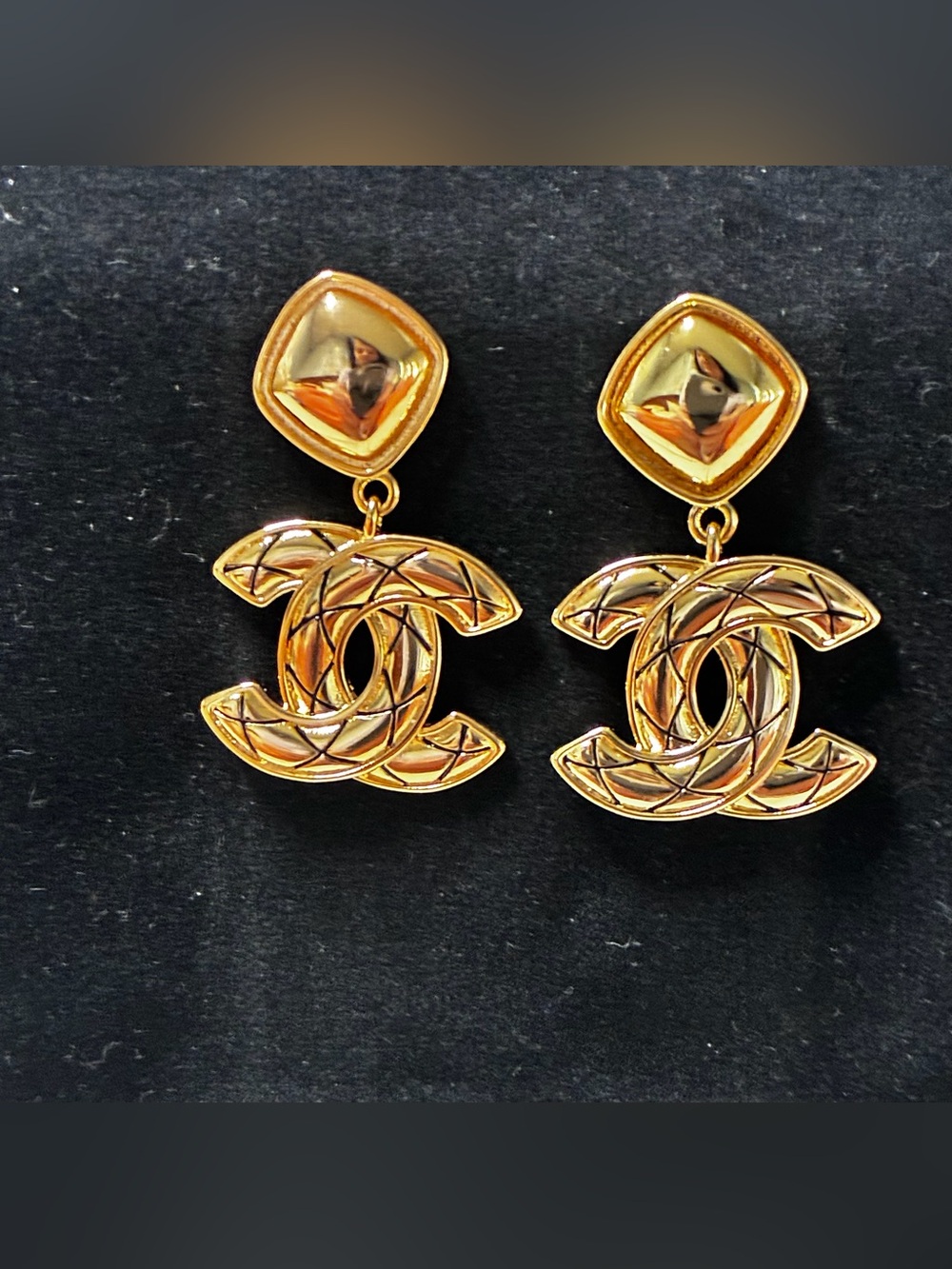 Double C Gold- Tone Setting Post Back Logo Drop Vintage Style Earrings